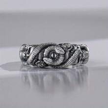 哥特式蛇眼骷髅结婚戒指，哥特式自然蛇形男士戒指，复古雕刻承诺戒指，男士独特丈夫珠宝