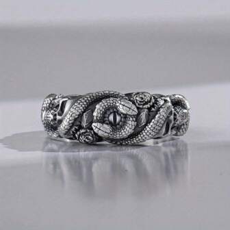 哥特式蛇眼骷髅结婚戒指，哥特式自然蛇形男士戒指，复古雕刻承诺戒指，男士独特丈夫珠宝