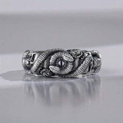 哥特式蛇眼骷髅结婚戒指，哥特式自然蛇形男士戒指，复古雕刻承诺戒指，男士独特丈夫珠宝