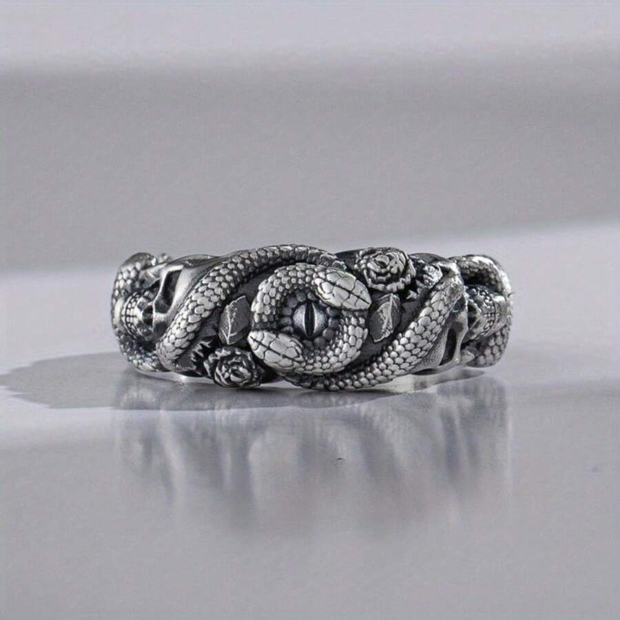 哥特式蛇眼骷髅结婚戒指，哥特式自然蛇形男士戒指，复古雕刻承诺戒指，男士独特丈夫珠宝