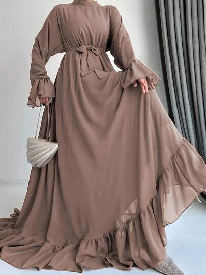 Elegant Solid Color Ruffle Hem Modest Long Sleeve Dress Spring