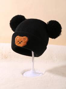 3-Piece Double Ball Decorated Bear Embroidery Knitted Hat Combination, Fashion Cute Bear, Suitable For Daily Leisure Collocation