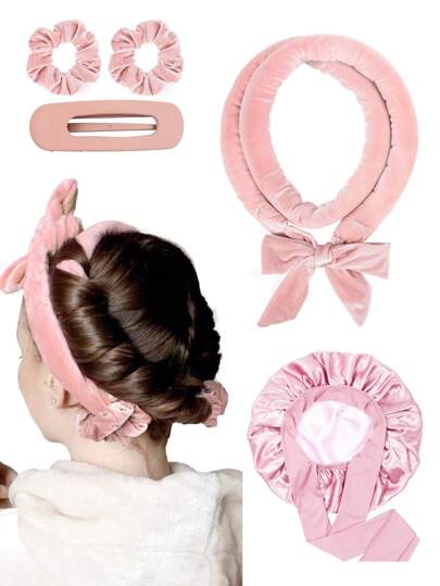 5pcs Set Satin Silk Sleeping Hat, No Heat Hair Curler, Damage-Free Curling Kit, Satiny Surface Heatless Curler Set With Hair Clips, Suitable For All Hair Types ,Hair Styling Tools Hair Accessories For Barber Salon Beauty Travel Essential Hair Products,Hair Cares,Hair Accessories