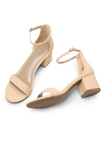 Women Low Heel Pump Sandals Open Toe Dress Shoes Ankle Strap Chunky Block Heeled Sandals For Autumn Prom Wedding Party Daily Wearing - Màu be - Xem 2