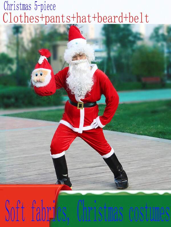 5 Stücke Weihnachtsthemen Kostüm-Set, Weihnachtsmann Kostüm, Kostüm des alten Mannes, Festliche Atmosphäre Aufführungskostüme für Thanksgiving, Neujahr, Feiertags-Geschenke