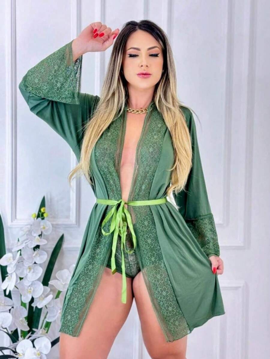 Hobby / Sexy Women's Microfiber Robe Comes With Lace Panties / Comfort Bathrobe - màu xanh lá - Xem 1