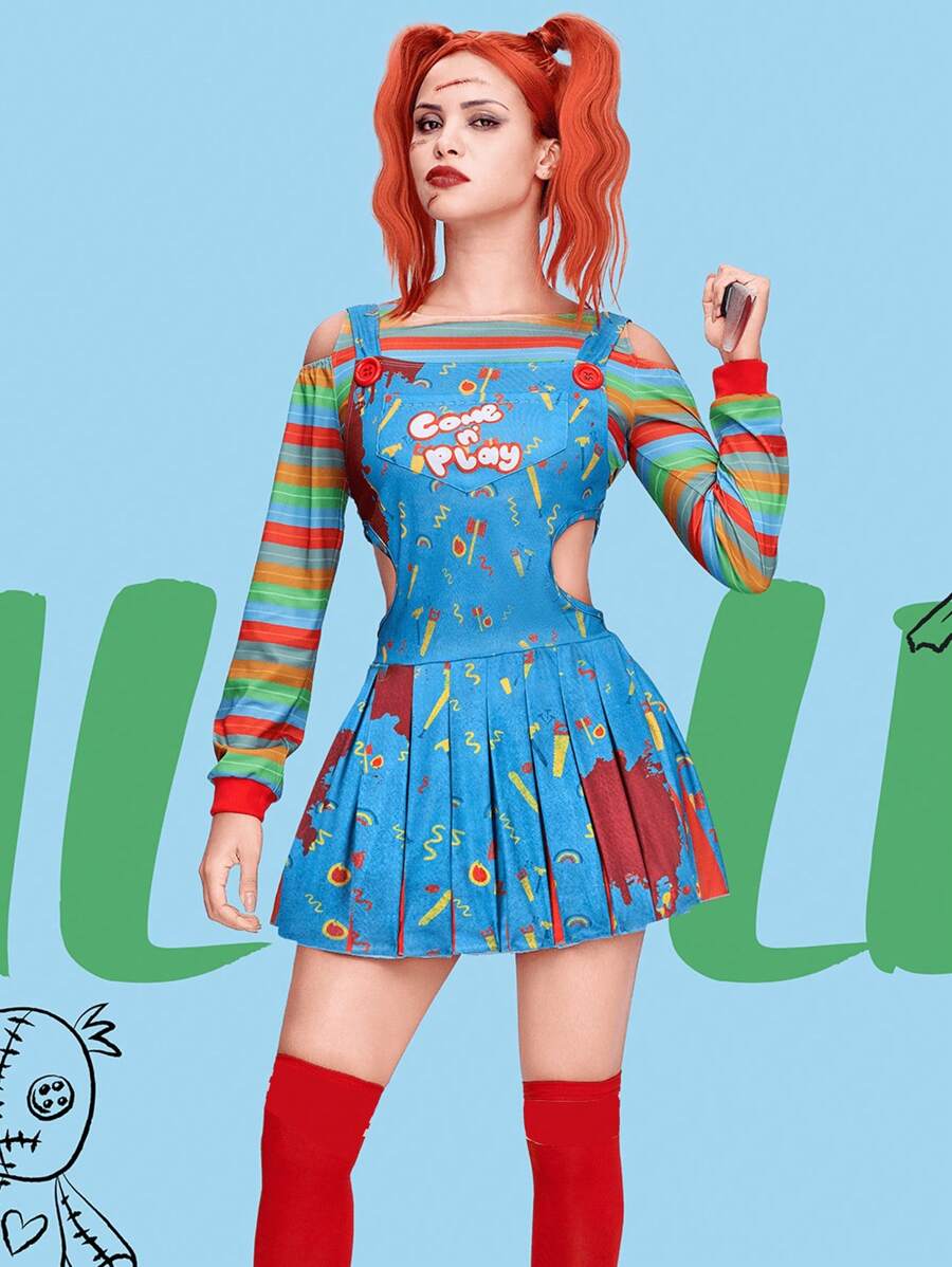 Joyfy Women Halloween Terrifier Doll Costume ,Creepy Doll Costume Women For Halloween Costume Adult, Killer Doll Costume - 藍色 - 查看 1