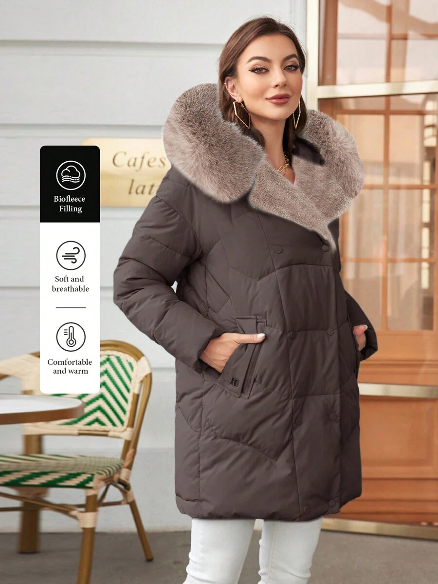 HaiLuoZi Women's Winter Long Sleeve Pockets Casual Fluffy Collar Double Breasted Padded Coat - Mocha Brown - View 1