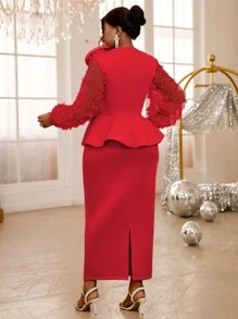 Plus Size Patchwork 3D Butterfly Mesh Puff Sleeve Dress Party Cocktail Dress For Women, Elegant Long Sleeve Prom Semi Formal Dress, For Birthday, Wedding Guest, Graduation, Dinner, Homecoming