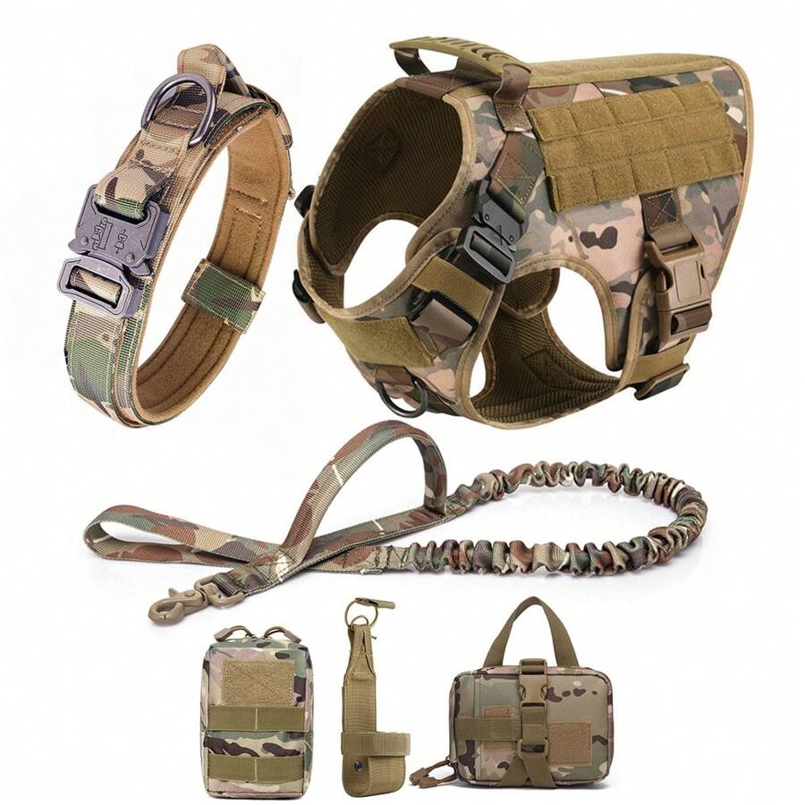 4pcs Tactical Dog Harness Set With Adjustable Training Vest, Leash, Collar, Water Bottle Holder And Waist Bag For Small, Medium And Large Dog Breeds - Durable Nylon Fabric With Heavy Duty Metal Buckles - 偽裝 - 查看 1