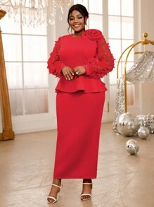 Plus Size Patchwork 3D Butterfly Mesh Puff Sleeve Dress Party Cocktail Dress For Women, Elegant Long Sleeve Prom Semi Formal Dress, For Birthday, Wedding Guest, Graduation, Dinner, Homecoming