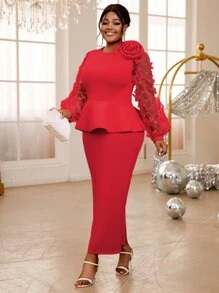 Plus Size Patchwork 3D Butterfly Mesh Puff Sleeve Dress Party Cocktail Dress For Women, Elegant Long Sleeve Prom Semi Formal Dress, For Birthday, Wedding Guest, Graduation, Dinner, Homecoming