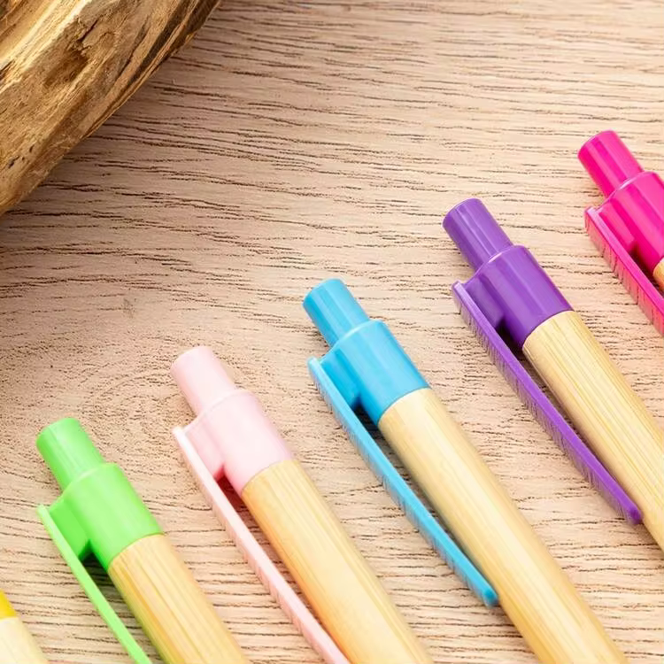 4pcs Multicolor Push Button Bamboo Pen Hotel/Office/Student Gift Ball Pen, Bamboo Barrel Ballpoint Pen For Daily Office & Study - Click Ballpoint Pen - View 3