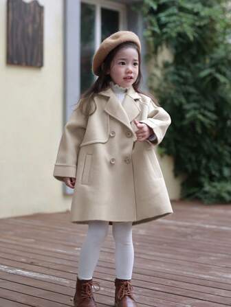 Girls Classic Winter Overcoat, Young Girl Windproof Warm Outwear In Apricot Color