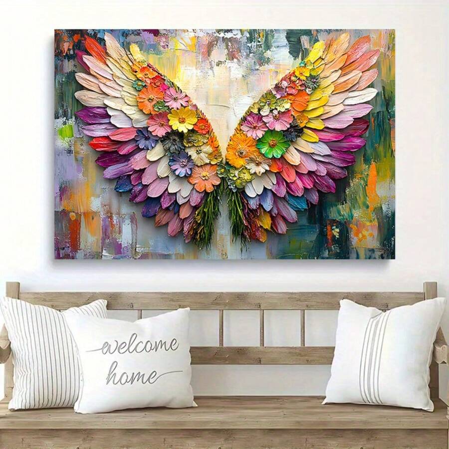 1pc Flower Wing Angel Wing Oil Painting Printed Poster, Framed Home Decoration Painting, Perfect Gift For Beautiful Girls, Suitable For Hanging Bedroom, Dining Room, Living Room, Bathroom Wall Decoration, Ideal Wall Art Decoration - 彩色 - 查看 1