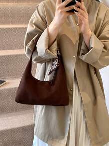 Suede Soft & Lightweight Minimalist Design Shoulder/Underarm Bag Set With Scarf For Women, Suede Purse, Newest Fashionable Suede Bag For Women - 咖啡棕 - 查看 5