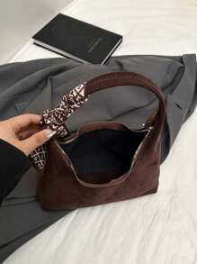 Suede Soft & Lightweight Minimalist Design Shoulder/Underarm Bag Set With Scarf For Women, Suede Purse, Newest Fashionable Suede Bag For Women - 咖啡棕 - 查看 8