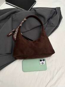 Suede Soft & Lightweight Minimalist Design Shoulder/Underarm Bag Set With Scarf For Women, Suede Purse, Newest Fashionable Suede Bag For Women - 咖啡棕 - 查看 3