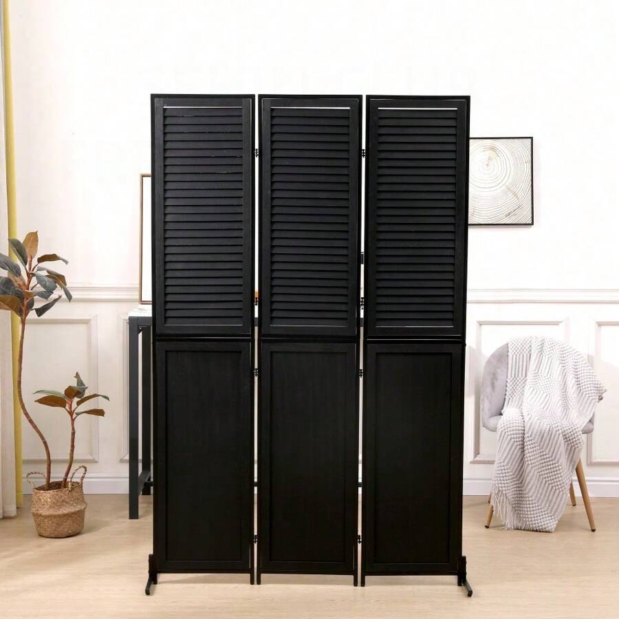 3 Panel Room Divider 6Ft Wood Folding Privacy Screen Black Room