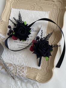 黑玫瑰胸花男士婚礼腕花人造花，2 件套，新郎和伴郎胸花，女孩/母亲舞会胸花腕花装饰，适用于婚礼返校节万圣节仪式周年纪念、晚宴、舞会鲜花和秋季复古婚礼