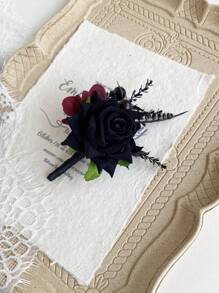 黑玫瑰胸花男士婚礼腕花人造花，2 件套，新郎和伴郎胸花，女孩/母亲舞会胸花腕花装饰，适用于婚礼返校节万圣节仪式周年纪念、晚宴、舞会鲜花和秋季复古婚礼