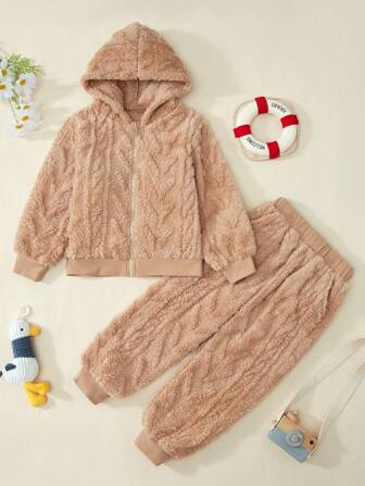 OIPOIG 2 件套年轻男孩休闲装 - 拉链连帽衫夹克和裤子套装，棕色，柔软舒适，适合室内、室外、秋冬季