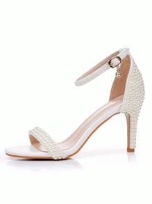 8cm 白色仿珍珠高跟凉鞋，夏季尖头系带白色高跟凉鞋，白色婚礼仪式高跟凉鞋，适合婚礼场合、舞台、新娘摄影的白色凉鞋 - 米色 - 查看 5