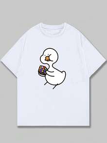 Duck Playing Cube Printed T-Shirt Unisex Cotton Streetwear Short Sleeve T-Shirt - 白色 - 查看 1