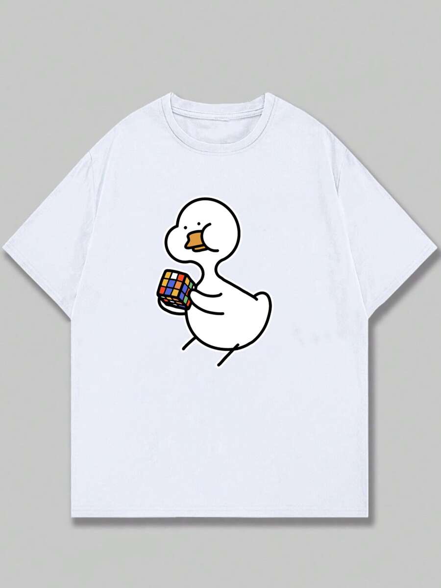 Duck Playing Cube Printed T-Shirt Unisex Cotton Streetwear Short Sleeve T-Shirt - 白色 - 查看 1