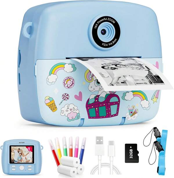 ASTGMI Appareil photo instantané pour enfants, appareil photo pour enfants 1080P HD, impression instantanée de photos, cadeau d'anniversaire, cadeau de Noël, jouet à partir de 3, 4, 5, 6, 8, 7, 9, 10, 11 ans, filles, garçons - avec 3 rouleaux de photo papier, 32 Go