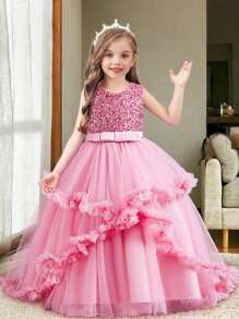 4-Season Tween Girl Sequin Multilayer Mesh Princess Dress, Lovely Banquet Graduation Gown