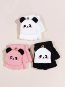 1 双儿童熊猫针织半指手套，可爱卡通厚翻盖保暖手套，适合男孩和女孩，秋冬 - 翻蓋手套 - 查看 2