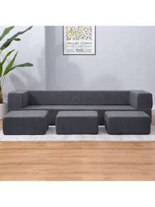 Queen Convertible Velvet Futon Sofa Bed With 3 Ottomans, Memory Foam Fold Out Couch Bed, Foldable Floor Sofa, Guest Sleeper For Apartment Living Room - 深灰色 - 查看 1