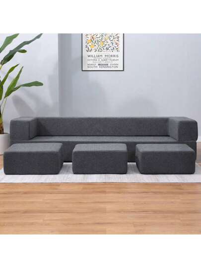 Queen Convertible Velvet Futon Sofa Bed With 3 Ottomans, Memory Foam Fold Out Couch Bed, Foldable Floor Sofa, Guest Sleeper For Apartment Living Room