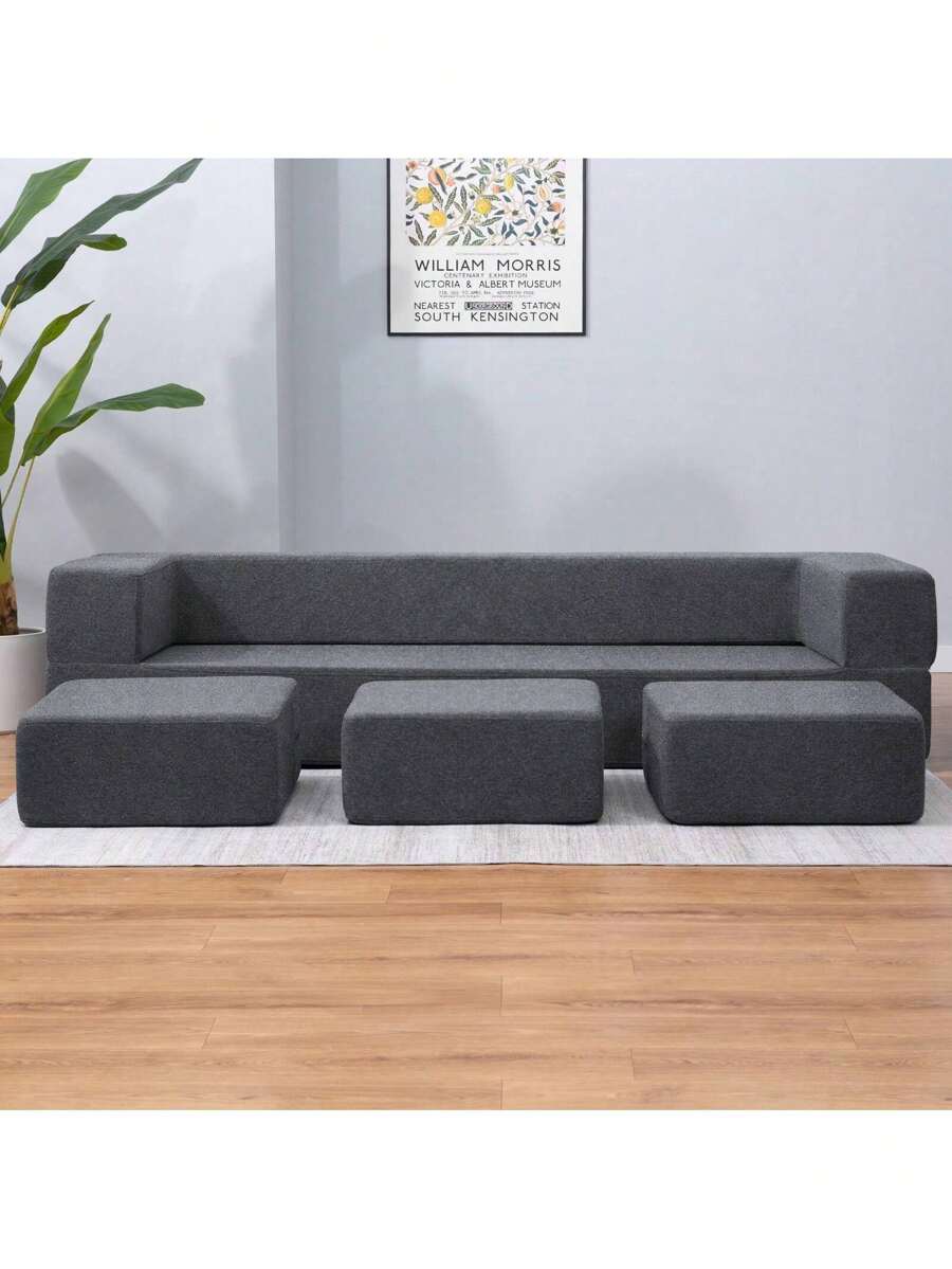 Queen Convertible Velvet Futon Sofa Bed With 3 Ottomans, Memory Foam Fold Out Couch Bed, Foldable Floor Sofa, Guest Sleeper For Apartment Living Room - 深灰色 - 查看 1