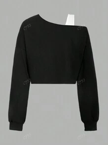 Sudadera corta informal de mujer con estampado bordado de mariposa, de manga larga, con hombros oblicuos y unicolor.