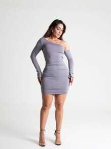 Women's Short Mini Sheath Dress, Backless, Braided, Long Sleeve, Cut-Outs - 灰色 - 查看 1