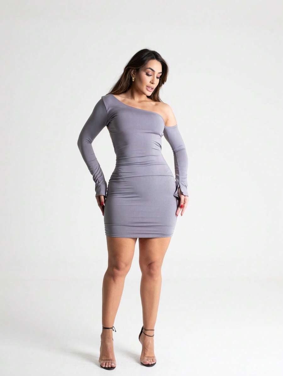 Women's Short Mini Sheath Dress, Backless, Braided, Long Sleeve, Cut-Outs - 灰色 - 查看 1