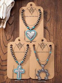 1pc Retro Western Style Cross & Heart Beaded Necklace, Cowgirl Jewelry - Multicolor - View 2