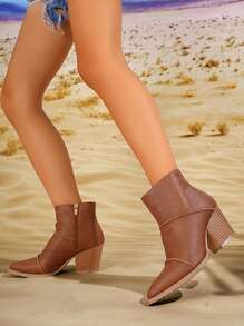 planare Giày bốt cổ ngắn mũi nhọn phong cách phương Tây cho nữ, Giày bốt mô tô gót dày, Giày bốt cao bồi thường ngày cho mùa thu và đông, Nâu - màu nâu - Xem 8