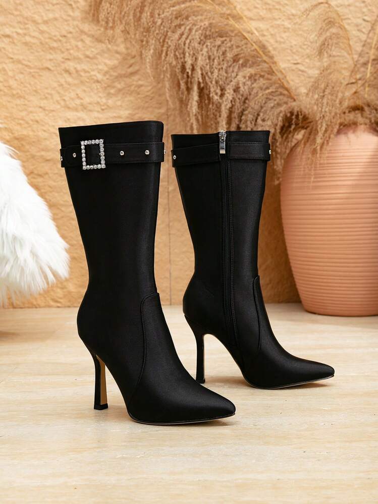 Women's New Fashion Thigh High Boots, Autumn/Winter Elegant Versatile Crystal Buckle Strap Pointed Toe Stiletto High Heel Black Dress Boots, Suitable For Halloween, Christmas, Thanksgiving, New Year - Black - View 7