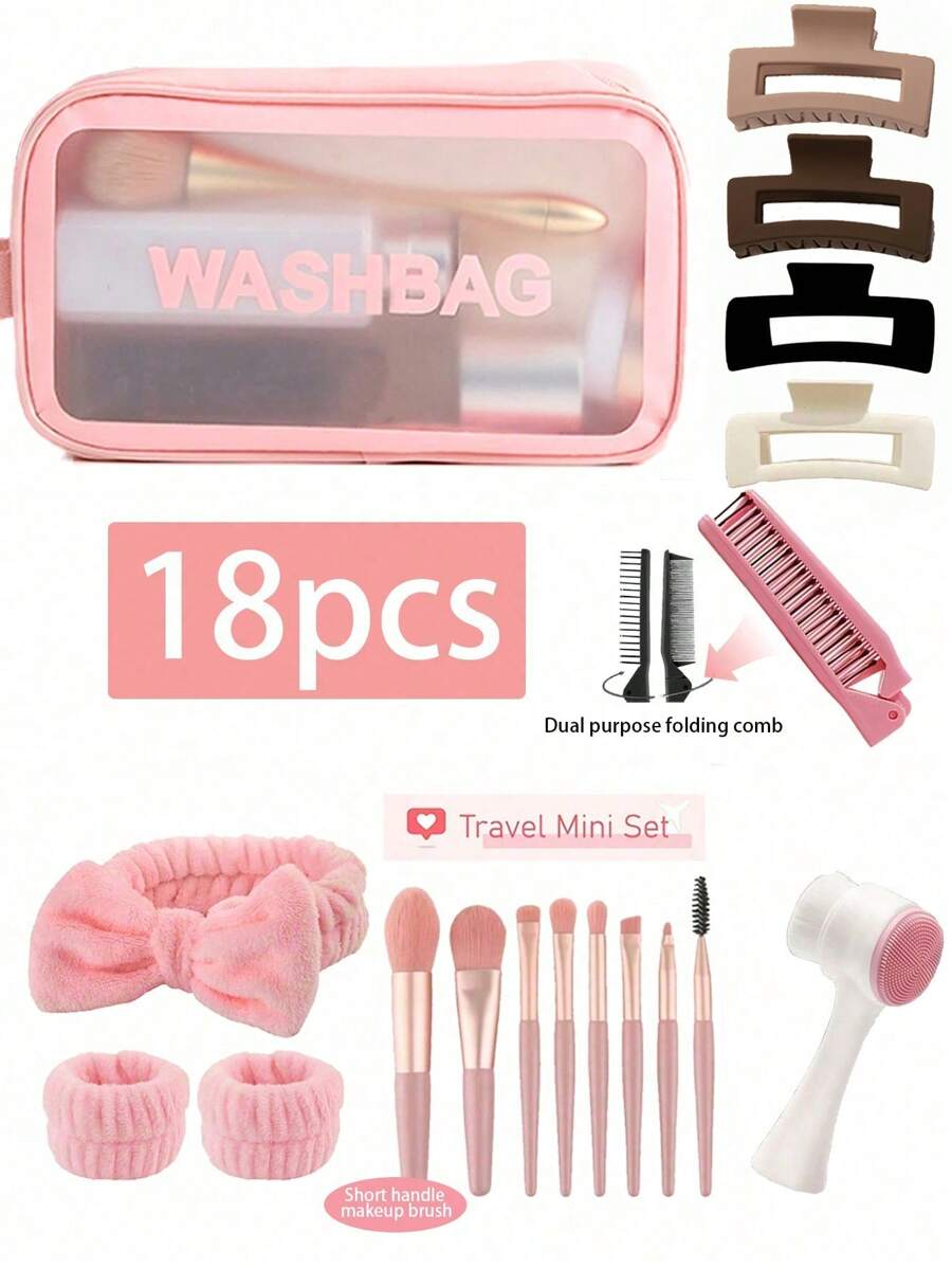 Bộ túi đựng mỹ phẩm trong suốt 18/9/1 món bao gồm: 1 cọ trang điểm mặt, 1 lược, 4 kẹp tóc, 1 túi đựng mỹ phẩm, 1 băng đô, bộ dụng cụ du lịch di động đựng bảng phấn mắt, cọ trang điểm, phấn mắt dạng lỏng, phấn phủ, kẻ mắt, son môi, son bóng, cọ môi, cọ phấn mắt, cọ phấn phủ, cọ nền, gel tạo kiểu tóc, mi giả, keo dán mi, hộp đựng mỹ phẩm du lịch, quà tặng Giáng sinh, túi nhỏ, ví cầm tay/túi xách nhỏ, hộp đựng mỹ phẩm, túi đựng cọ, túi mini, túi dung tích lớn, quà tặng Giáng sinh, túi đựng mỹ phẩm, đồ dùng du lịch thiết yếu.