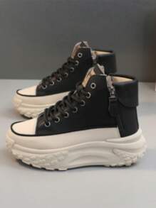 2025 New High-Top Casual Shoes For Women, Round Toe Side Zip, Thick Sole Platform, Sporty Street Style, Spring/Autumn - Black - View 3