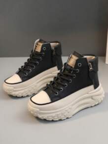 2025 New High-Top Casual Shoes For Women, Round Toe Side Zip, Thick Sole Platform, Sporty Street Style, Spring/Autumn - Black - View 4