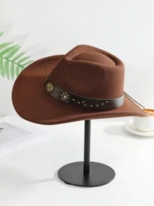 1pc Unisex Belt Decor Boho Cowgirl Hat Cowboy Hat Jazz Panama Hat Soft Felt Hat Fedora Hat Western Suitable For Party - Coffee Brown - View 3