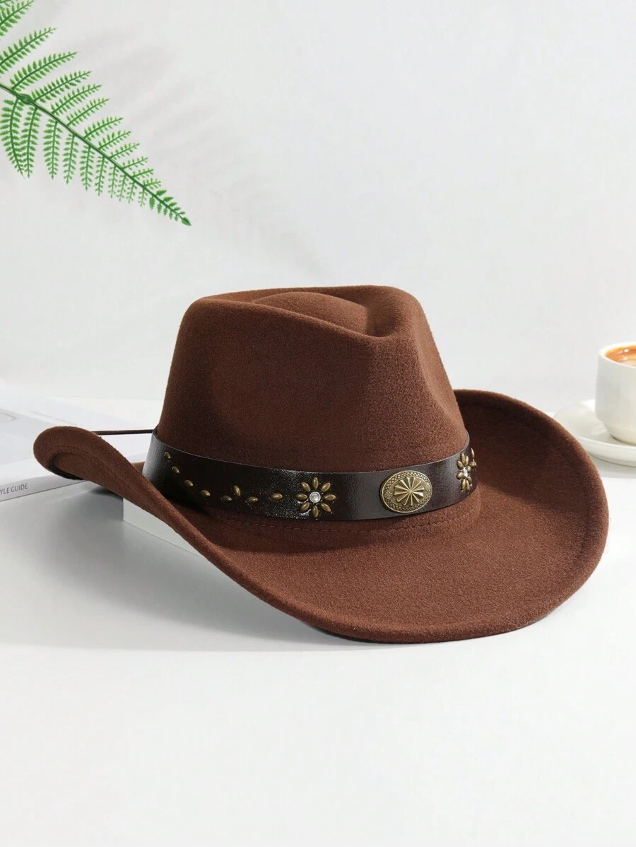 1pc Unisex Belt Decor Boho Cowgirl Hat Cowboy Hat Jazz Panama Hat Soft Felt Hat Fedora Hat Western Suitable For Party - Coffee Brown - View 1