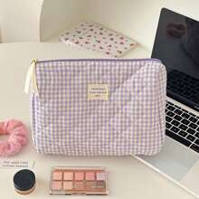 Plaid Travel Makeup Bag, 1Pc Large Capacity Lightweight Toiletry Handbag Bath Shower Bag Multifunctional Cosmetic Organizer Cute Handbag Wallet Pouch Case Portable Cosmetics Brush Storage Clutch With Zipper Closure For Lipstick, Brush, Skincare, Mobile Phone Storage Makeup Organizer Makeup Case - Mauve Purple - View 3
