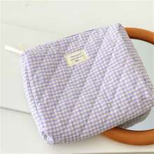 Plaid Travel Makeup Bag, 1Pc Large Capacity Lightweight Toiletry Handbag Bath Shower Bag Multifunctional Cosmetic Organizer Cute Handbag Wallet Pouch Case Portable Cosmetics Brush Storage Clutch With Zipper Closure For Lipstick, Brush, Skincare, Mobile Phone Storage Makeup Organizer Makeup Case - Mauve Purple - View 5