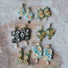 1 对手工制作的复古花卉圆形矩形 3D 聚合物粘土耳环，优雅配饰适合女性工作和日常佩戴，节日礼物 - 多色立體花朵耳環 - 查看 9