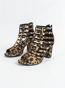 Fashionable Beige Leopard Print High Heel Hollow Short Boots With Chunky Heels And Zipper Back, Round Toe, Comfortable, Breathable, Roman Style Sandal For Spring And Autumn